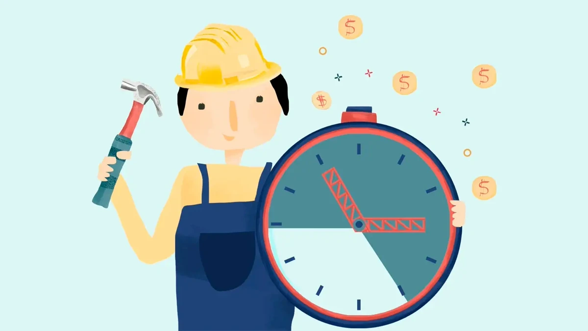 Illustration einer Arbeitskraft mit einer großen Uhr und schwebenden Münzen