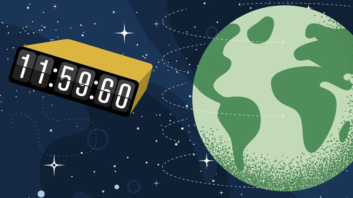 Illustration explaining leap seconds, Earth rotation, atomic time, and Coordinated Universal Time