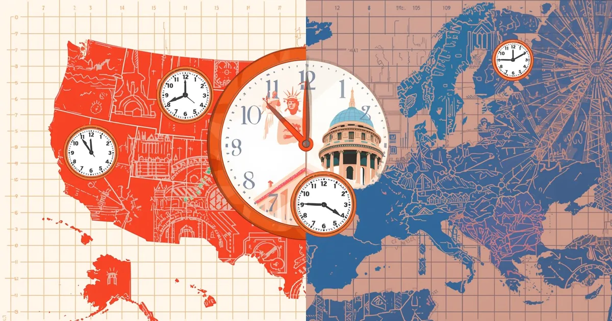 Uhrzeiger und Sommerzeit-Markierungen, die die unterschiedlichen Umstellungsdaten in den USA und Europa zeigen